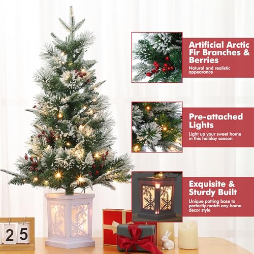 3 Ft Pre-Lit Christmas Tree, Artificial Christmas Trees with Lighting Snowflake Base, Snow Flocked Xmas Trees with 70 LED Lights, Battery Operated and Timer Function, Christmas Decoration for Home