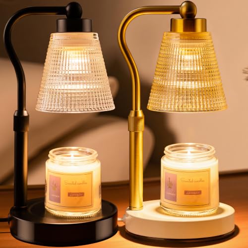 Candle Warmer Lamp for Jar Candles, Height Adjustable & Dimmable with 2/4/8H Timer, 2*50W Halogen Wax Melter Warmer for Home Office Décor, Flameless & Smokeless, Gift for Women Mom, Black-Gold/2 Pack