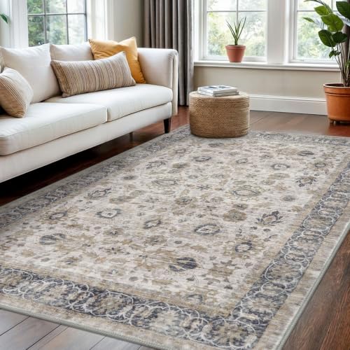 KOZYFLY Vintage 4x6 Rug Washable Large Rugs For Entryway Grey/Beige