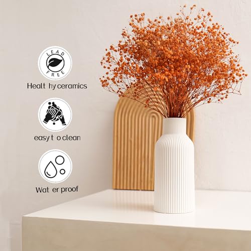 Bohemian White Ceramic Vase - for Pampas Grass, Mantel, Bookshelf, Entryway and Living Room Decor (White, 7in)