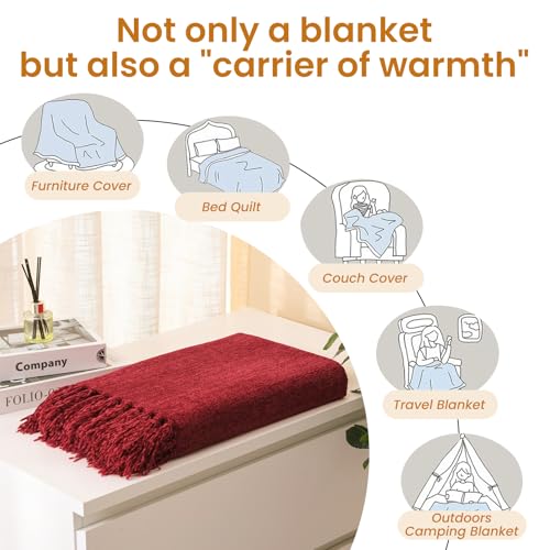 Burgundy Red Chenille Throw Blanket for Couch Bed，Soft Cozy Throw Blanket with Handmade Fringe, Decorative Blanket for Sofa Chair Living Room for Gift, (Burgundy Red)