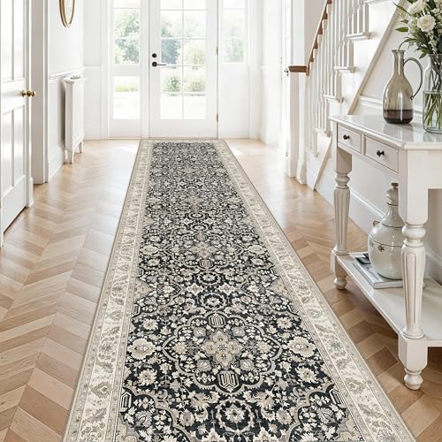Non Slip Runner Rug for Hallway Long Carpet Runners 3x12 Black Beige - Soft Thin Washable Stain and Spill Resistant for Wide Entryway Laundry Room - Distressed Vintage Kitchen Rugs