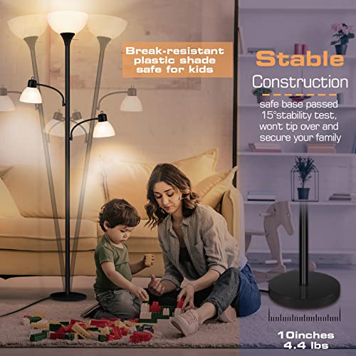 Floor Lamps for Living Room, 72" Tall Torchiere Floor Lamp with 8W Adjustable Reading Lights, Industrial Lamps for Living Room, Bedroom, Office, Black Tree Floor Lamp【3 Bulbs Included】