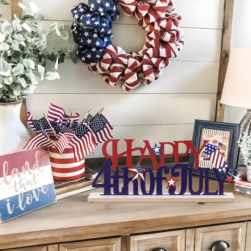 MEETYAMOR 4th of July Decorations, Metal Happy Fourth of July with Wooden Base, Patriotic Independence Day Decor for the Home, Tiered Tray, Shelf, Table, Mantel