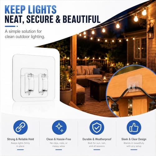 50 Pack Outdoor Light Hooks with Adhesive – Weatherproof & UV-Resistant, No Damage, No Tools Needed, Easy Hanging Clips for Garden, Patio, Balcony, Fairy Lights, Christmas Decorations