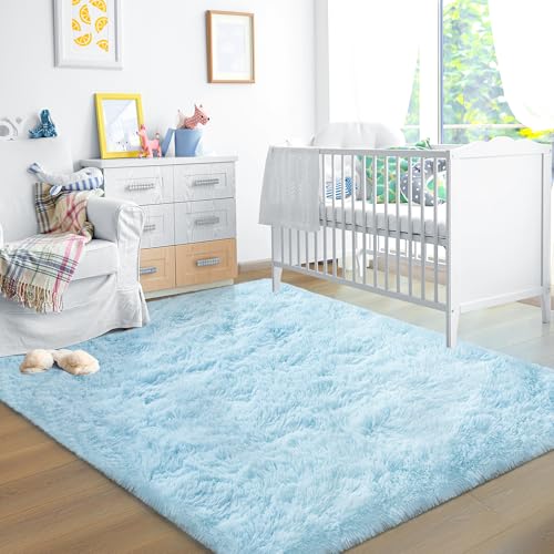 Ultra Soft Fluffy Rugs for Bedroom 4x6 Feet, Shag Area Rugs for Living Room, Large Comfy Furry Rug for Boys Kids Baby Room Decor, Non Slip Nursery Rug Modern Indoor Fuzzy Floor Carpet, Light Blue