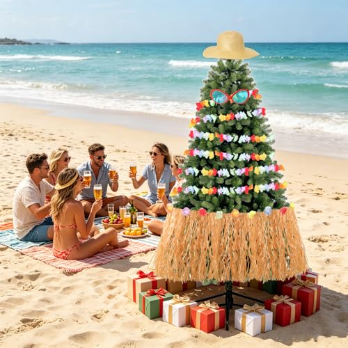 Summer Hawaiian Tree Ornaments Decorations Christmas in July Straw Hat Tree Topper Tropical Garland Sunglasses for Luau Hawaiian Beach Party Supplies