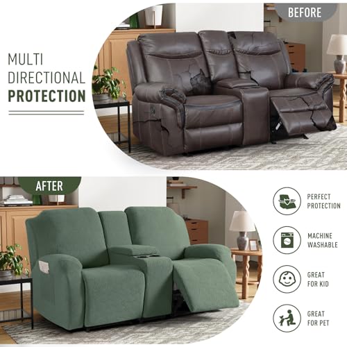 KinCam Jacquard Stretchy Recliner Loveseat Cover with Console X1, Recliner Couch Covers X1 (Greyish Green)