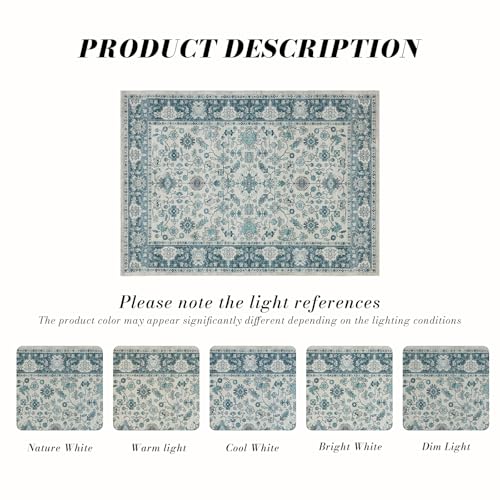 Area Rug 5×7, Large Vintage Boho Rug,Ultra-Soft Low Pile, Washable, Non Slip,Stain Resistant, Printed Carpet for Living Room Bedrooms Playroom Office Kitchen,Turquise/Cream