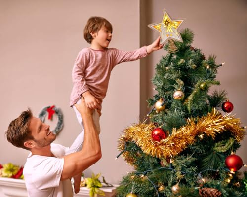 Christmas Star Tree Topper, Wooden 3D Star Glittered Hollow Plug-in Christmas Tree Topper Decoration with LED Light & 6-Hour Timer Function for Indoor Office Holiday Xmas 7.87" x 8.86" (White)