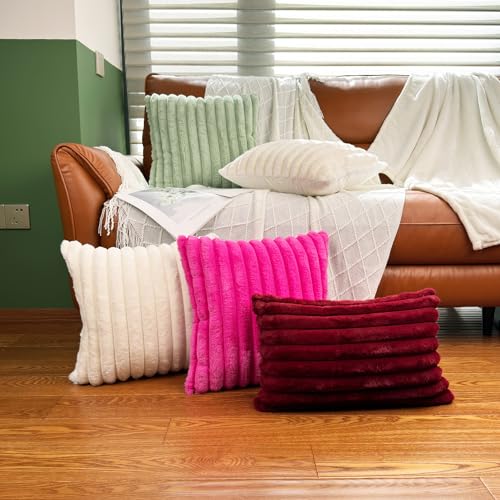 18x18 Throw Pillow Covers Set of 2, Decorative Faux Fur Covers for Bed, Couch Soft Fluffy Pillow Cover with Velvet Back for Living Room, Neutral Home Décor Accent for Sofa - Cream White