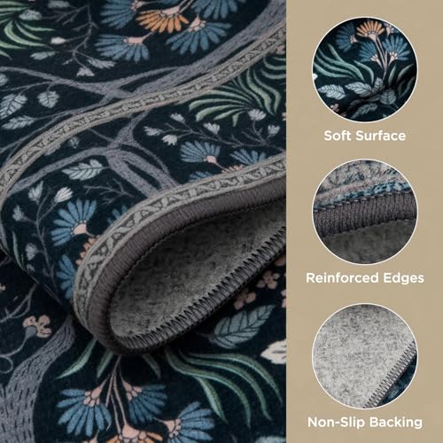 Joydeco Machine Washable Area Rugs 5x7, Boho Floral Rug for Bedroom Non Slip, Soft Forest Botanical Low-Pile Floor Indoor Throw Carpet for Living Dining Room Dorm Office, Black