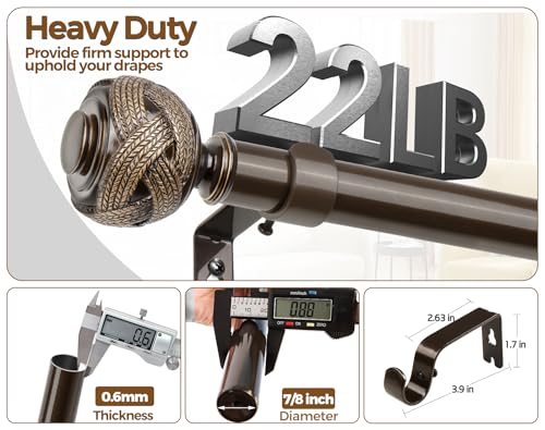 Bronze Curtain Rod 32 to 58 Inches (2.6 to 4.8 ft), USFOOK 7/8 Inch Telescoping Splicing Curtain Rods for Windows 20 to 54 Inch, Drapery Rods with Leaf Finials