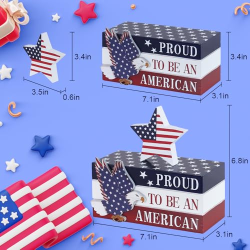 DECSPAS 4th of July Decorations, Memorial Day Decorations, Wooden Stacked Books Sign with Stars, Patriotic Independence Day American Eagle Decor for The Home, Fourth of July, Tiered Tray Table Mantel