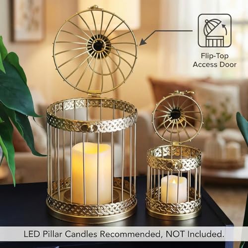 Vela Lanterns Decorative Indoor Bird Cage Candle Holder Set of 2, Gold