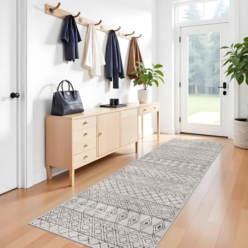 3x10 Washable Modern Runner Rug:Moroccan Boho Low Pile Rug Grey