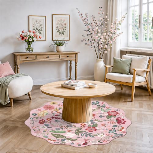 4x4 Washable Pink Round Rug: Scalloped Floral Circle Rug for Women Bedroom