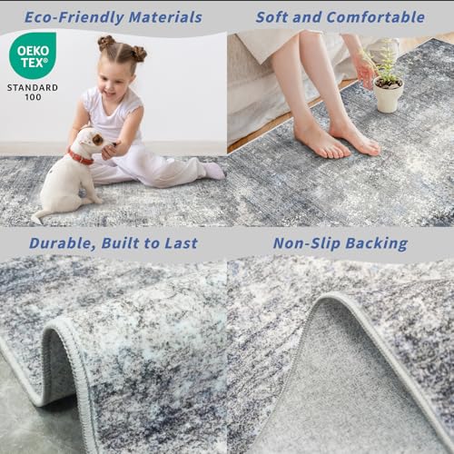 2x8 Washable Non-Slip Hallway Runner Rug – Modern Coastal Abstract Neutral Stain-Resistant Low-Pile Carpet Runner for Kitchen Entryway Bedroom Bathroom (Blue Gray,2x8)