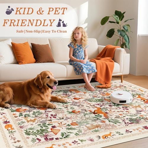 nesrt Fantasy Fox Area Rugs for Living Room 5x7ft Non Slip, Botanical Animal Print Bedroom Rugs, Washable Forest Jungle Floor Carpet for Dining Room Nursery Playroom (Beige)