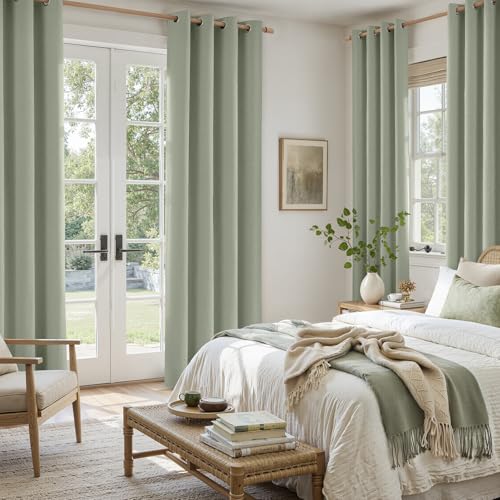 HOMEIDEAS 100% Sage Green Linen Blackout Curtains for Bedroom, 52 x 84 Inch Length 2 Panels Faux Linen Thermal Insulated Black Out Grommet Window Drapes for Living Room