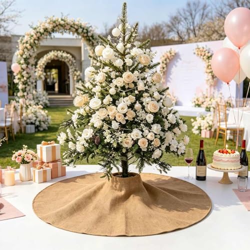 Yuboo Mini Burlap Brown Tree Skirt, 24in Small Double-Layer Linen Rustic Farmhouse Spring Summer Xmas Skirt for Tabletop Tree Countryside Xmas Party Decor Ornaments