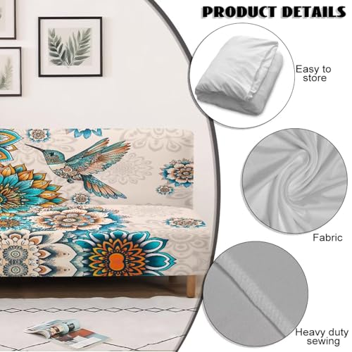 Suobstales Boho Mandala Hummingbird Print Stretch Armless Futon Cover, Futon Mattress Covers Soft Furniture Protector with Elastic Bottom, Foldable Sofa Slipcovers Washable Couch Cover