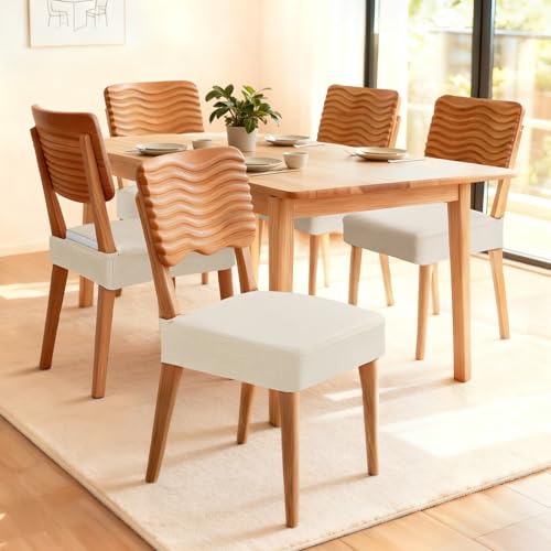 Songrey Waterproof Seat Covers for Dining Chairs Set of 4, No Rear Chair Covers, Stretch Removable Washable Chair Slipcover Protector, Beige