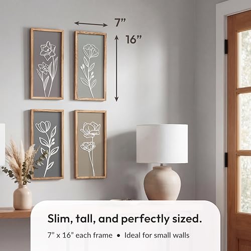3D Wooden Floral Bathroom Wall Decor (Set of 4) Lightweight, Ready-to-Hang Framed Wall Art For Living Room, Bedroom, or Office - Premium Boho Botanical Farmhouse Decorations - Gift-Boxed