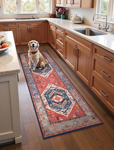 SERISSA Boho Washable Runner Rug, 2x6 Rug Runner Non-Slip Vintage Rust Hallway Kitchen Runner Rug Ultra Soft Print Distressed Tribal Floor Carpet Runner for Bedroom Bathroom Laundry Living Room