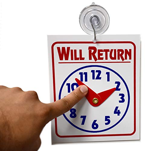 Double Sided "Will Return" Clock and "Open Come in" Sign with Adjustable Clock Hands & Suction Cup, 1 Unit