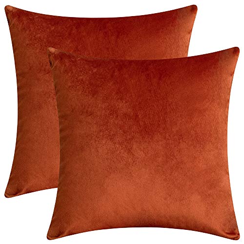 Set of 2 Comfortable Velvet Throw Pillow Cases Decorative Solid Cushion Covers for Sofa Couch and Bed - 20"x20", Rust
