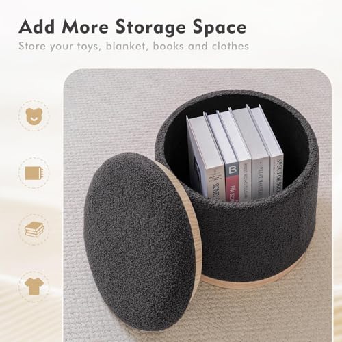 Round Storage Ottoman Set of 2, Dark Grey Boucle Stools with Tray