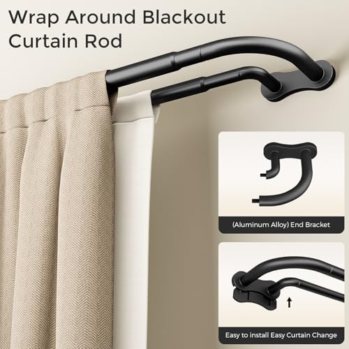 Double Curtain Rod 34-92 Inch, Black Wrap Around Blackout Dual Curtain Rods for Windows, Adjustable Heavy Duty Curved Spliced Room Darkening Double Rods, All Metal, Aluminium Bracket