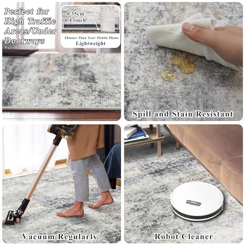 3x3 Rug Square Washable: Soft Non Slip Abstract Runners Blue Grey