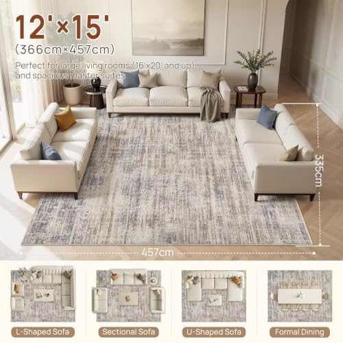 12x15 Area Rug for Living Room Washable Abstract Brown Carpet