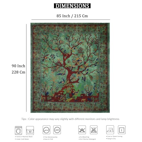 THE ART BOX Tapestry Green Tree of Life Wall Hanging – Indian Cotton Full Size Bedspread, Picnic Sheet, Wall Decor, Blanket, Wall Art for Bedroom (Full, 85x90 Inch)