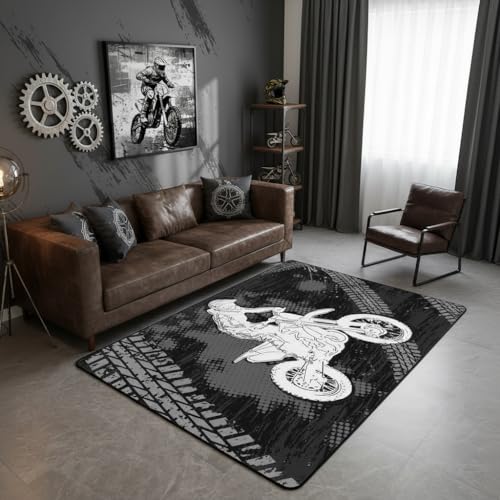 Racing Car Decorative Rug 5x6'6'',Motocross Motorcycle Indoor Floor Mat for Playroom Bedside Sofa Bedroom,Extreme Sport Dirt Bike Non Shedding Rug for Kids Teen Boys Girls