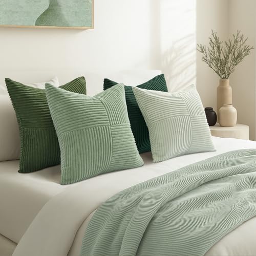 Topfinel SageGreen Throw Pillow Covers 18X18 Inch Set of 4,Boho Farmhouse Cozy Cushion Cover with Corduroy,Soft Accent Forest Green Pillow Covers for Couch,Bed,Living Room Home Decor