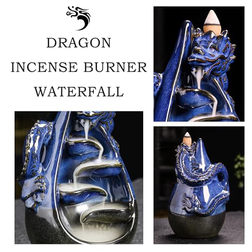 Dragon Incense Burner - Ceramic Backflow Waterfall Burner with Dragon Smoke Fountain, Incense Holder, Cones & Tweezer & Fire Mat for Aromatherapy/Yoga/Home/Office Deco