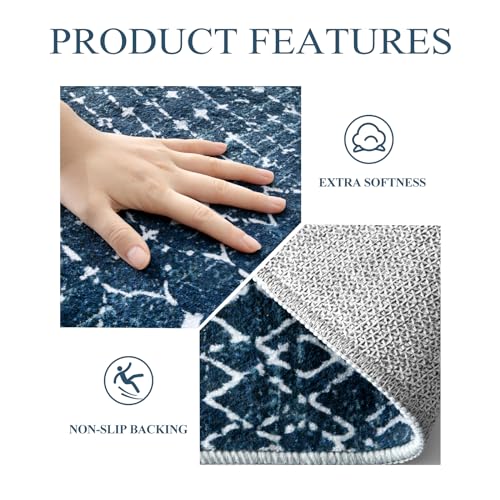 Lahome Moroccan Indoor Rugs for Entryway 2x3 Area Rug Non-Slip Backing Washable Inside Door Mats Low-Profile Throw Soft Rugs for Bathroom, Geometric Print Distressed Blue Rug for Kitchen Bedside Hana