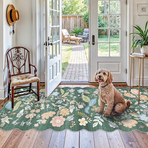 4x10 Washable Runner Rug for Hallway: Scalloped Floral Kitchen Rugs Green