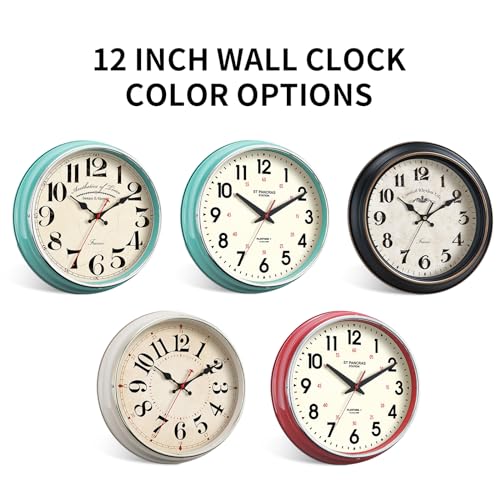 Wall Clock Metal 12.4" Countryside Style Wall Clocks Retro Vintage Classical Silent Non Ticking Easy to Read for Living Room/Kitchen/Bedroom/Office/Bar(12.4" Red)