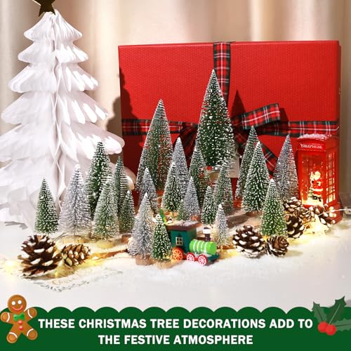 Set of 35PCS Mini Christmas Tree, Christmas Pine Cones, 2oz Fake Snow Powder, Mixed Christmas Decoration, Xmas Village Displays Winter DIY Crafts (Classic Green)