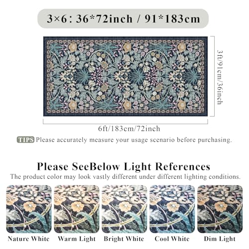 3x6 Washable Non-Slip Entryway Rug: Floral Indoor Runner Rugs Floor Carpet for Hallways Kitchen Bedroom Laundry Bathroom Beside Bed - Stain & Fade Resistant, Boho Botanical Design 3x6 Blue