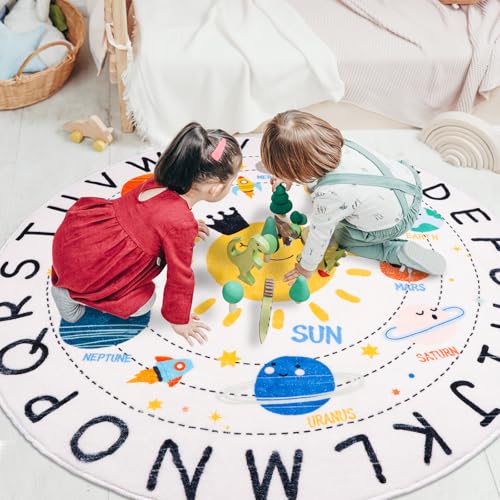 Round ABC Space Kids Rugs,4 ft Non-Slip Solar System Alphabet Rugs, Washable Rug, Soft Plush Educational Circle Rug for Classroom playroom Bedroom Kids Room Decor(for Age 2+)