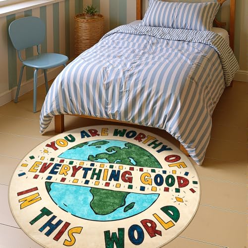 jinchan 4ft Round Rug Washable Fun Rug You are Worthy Playroom Mat for Kids