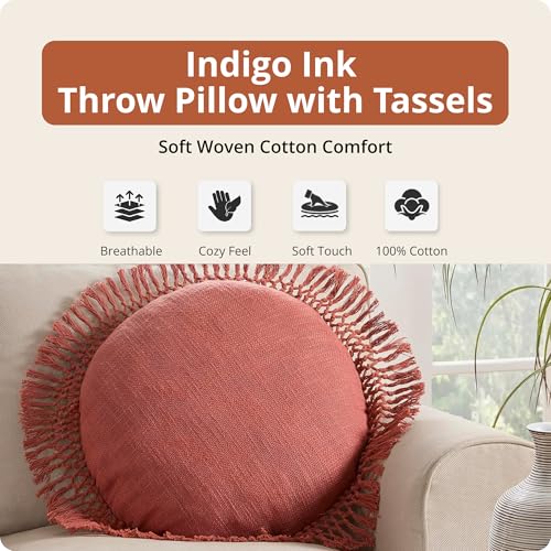 Indigo Ink Round Red Decorative Throw Pillow with Tassels - 20" x 20" | Cotton Throw Cushion for Couch, Chair, Bed | Cute Home Decor | Soft Plush Filling | Tufted Medallion Collection, Ginger Spice