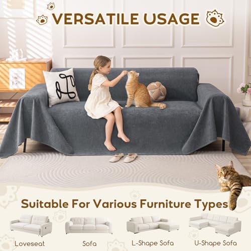 OstepDecor Waterproof Couch Cover for Pets, Couch Protector from Cat Claws, Anti Slip Washable Sofa Cover for Dogs, Furniture Protector for Sofas, Loveseats & Sectionals, 71"x118", Dark Grey