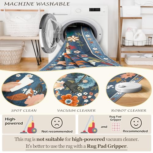 RELEANY Floral 5x7 Area Rug Machine Washable Soft Print Boho Carpet Non Slip Doormat Low Pile Flower Area Rugs for Living Room Bedroom Nursery Kitchen Dining Room Indoor-Blue/Grey