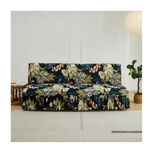 Printed Futon Covers Slipcovers No Arms, Stretch Armless Couch Cover with Skirt, Soft Armless Futon Cover 3/2 Seater Stretch Sofa Bed Slipcover, 1-Piece Form Fit Futon Cover,E,160~190CM